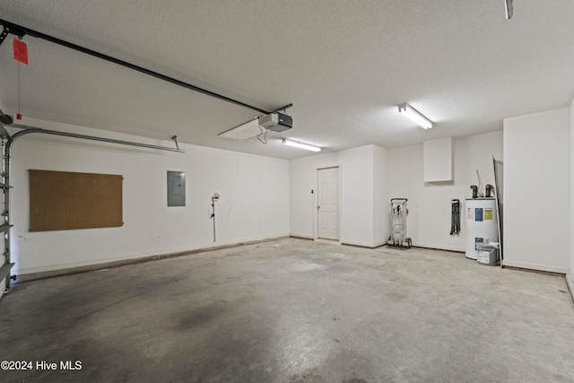 garage with electric panel, electric water heater, and a garage door opener