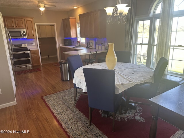 dining area with sink, ceiling fan with notable chandelier, dark hardwood / wood-style floors, and a textured ceiling