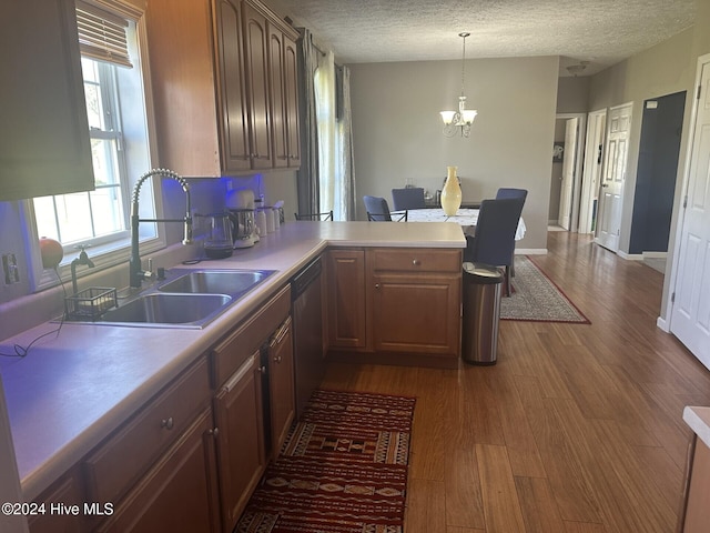 kitchen featuring sink, a textured ceiling, a notable chandelier, dark wood-type flooring, and black dishwasher