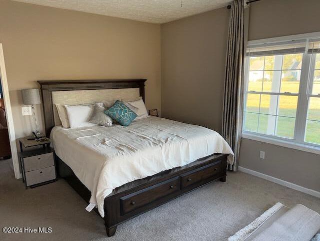 bedroom featuring a textured ceiling and light carpet