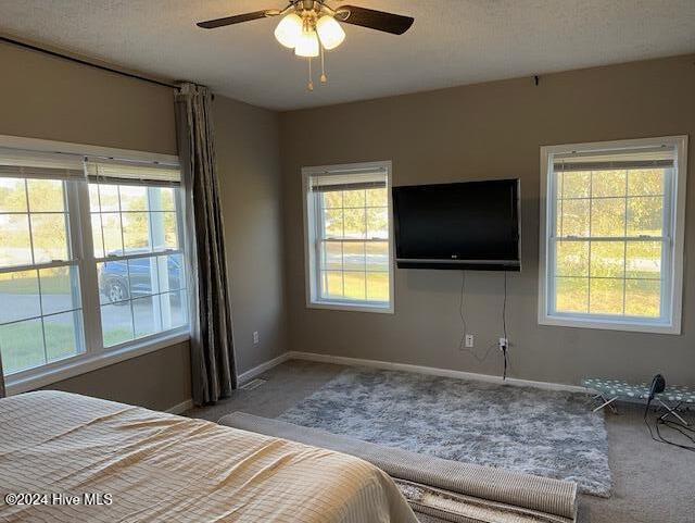 bedroom with a textured ceiling, carpet, and ceiling fan