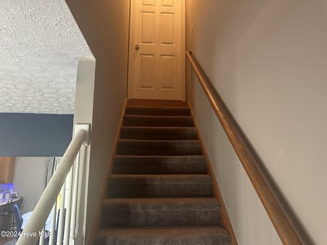 stairs featuring carpet flooring