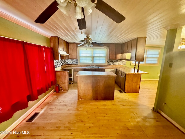 kitchen with backsplash, plenty of natural light, light wood-type flooring, and a center island