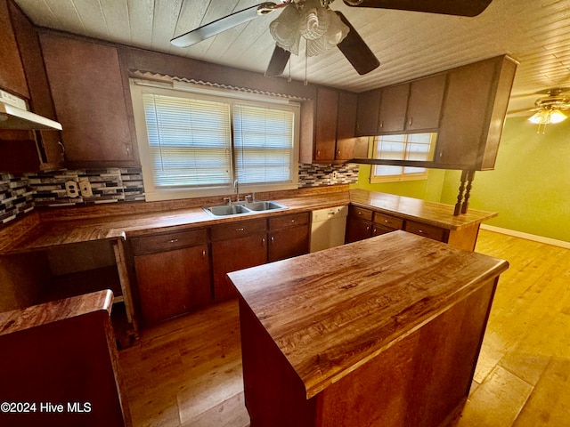 kitchen featuring tasteful backsplash, wooden counters, sink, and light hardwood / wood-style floors