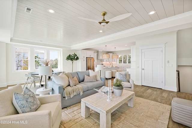 living room featuring light wood-type flooring, plenty of natural light, ceiling fan, and wood ceiling