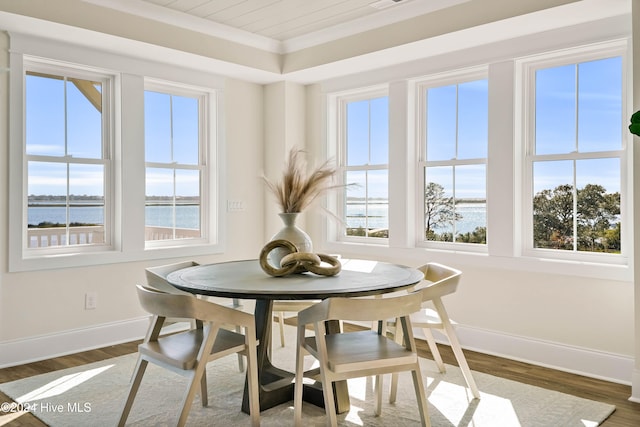 dining space with a wealth of natural light, crown molding, a water view, and dark hardwood / wood-style flooring