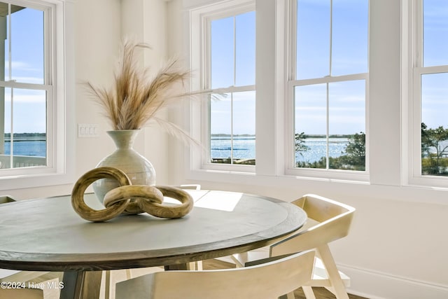 dining space featuring a wealth of natural light and a water view