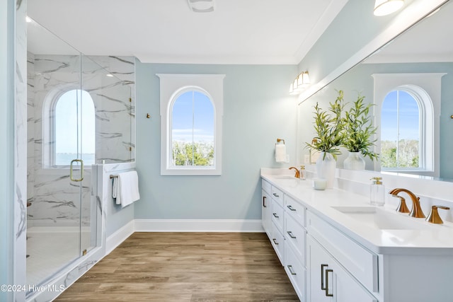 bathroom featuring walk in shower, hardwood / wood-style flooring, vanity, and crown molding