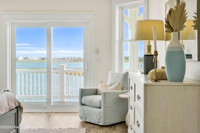 living area with light wood-type flooring, a water view, and a healthy amount of sunlight