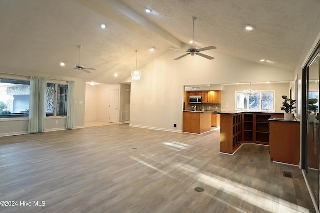 living room with ceiling fan with notable chandelier, hardwood / wood-style flooring, and a wealth of natural light