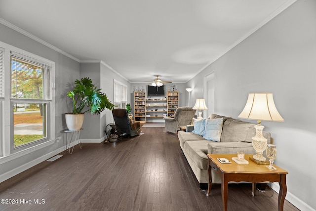 living room with ceiling fan, a wealth of natural light, dark hardwood / wood-style floors, and crown molding