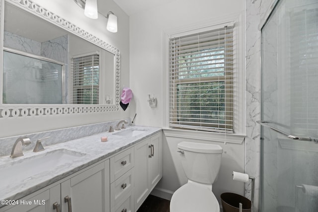 bathroom with an enclosed shower, vanity, and toilet