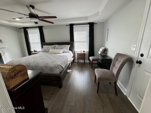 bedroom with dark hardwood / wood-style floors, a raised ceiling, and multiple windows