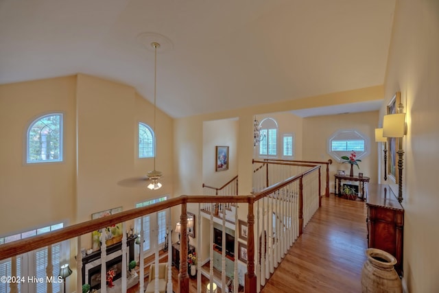 corridor with plenty of natural light, an upstairs landing, and wood finished floors