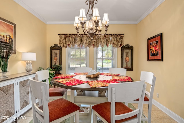 dining room featuring a notable chandelier, light tile patterned flooring, and crown molding