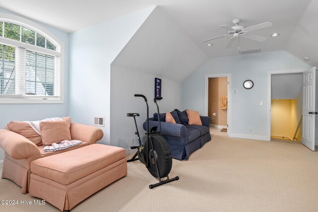 202 Jones Byrd Ct, Sunset Beach, NC 28468 - sitting room with light colored carpet, lofted ceiling, baseboards, a ceiling fan, and recessed lighting