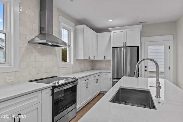 kitchen featuring appliances with stainless steel finishes, white cabinets, decorative backsplash, and wall chimney exhaust hood