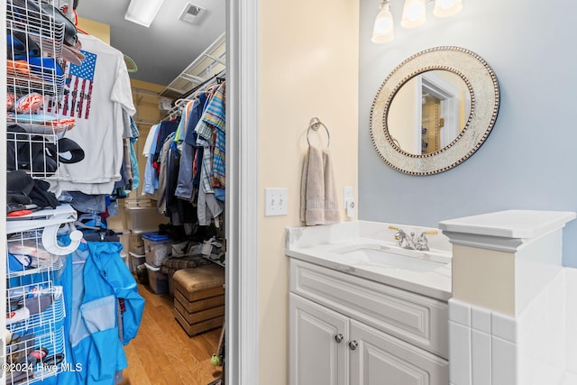 4151 Windham Ln, Southport, NC 28461 - bathroom featuring a spacious closet, wood finished floors, and vanity