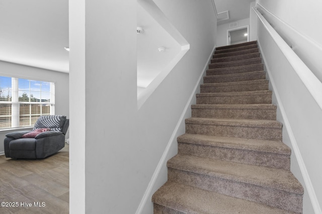 staircase with hardwood / wood-style flooring