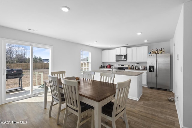 dining space featuring sink, a healthy amount of sunlight, and wood-type flooring