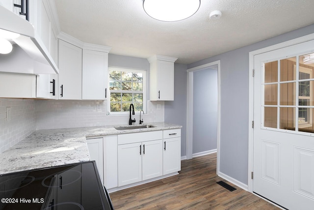 kitchen featuring dark wood-type flooring, white cabinetry, sink, and premium range hood