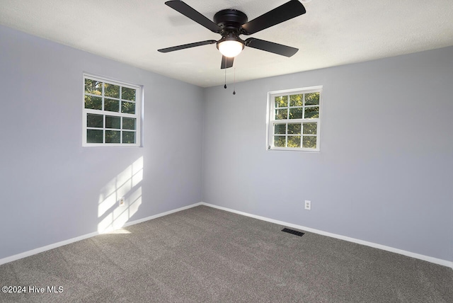 carpeted spare room featuring ceiling fan, plenty of natural light, and a textured ceiling