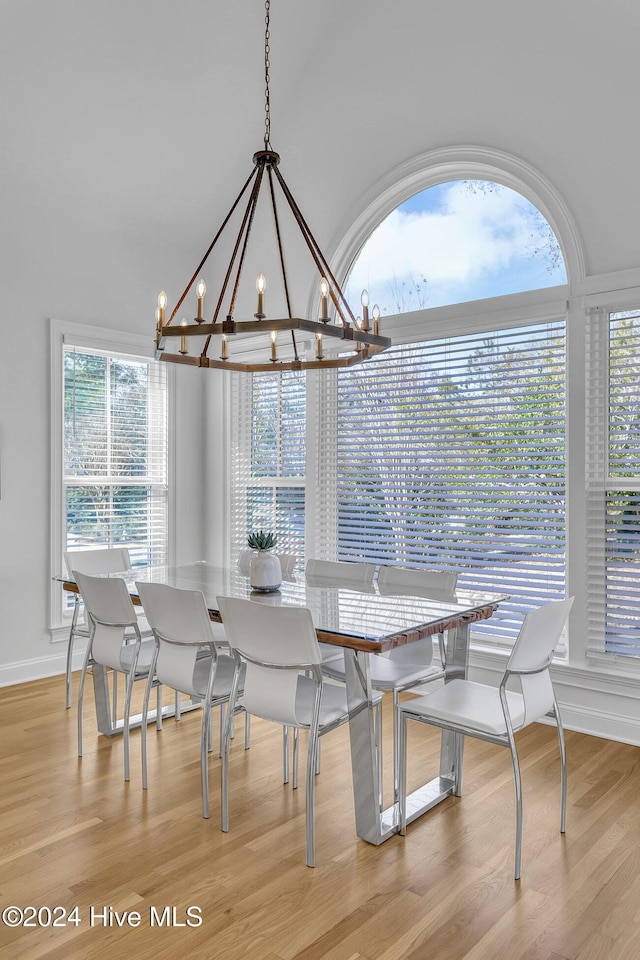 dining area with a chandelier, light hardwood / wood-style floors, and a wealth of natural light