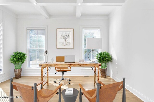 home office featuring light hardwood / wood-style flooring, beamed ceiling, and a healthy amount of sunlight