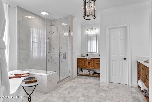 bathroom featuring walk in shower, vanity, a notable chandelier, and ornamental molding