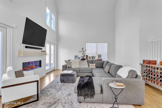 living room featuring a wealth of natural light, wood-type flooring, and a high ceiling