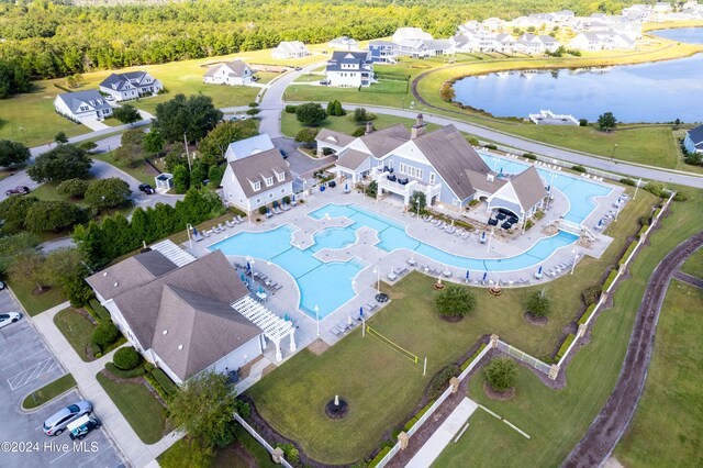 drone / aerial view featuring a water view