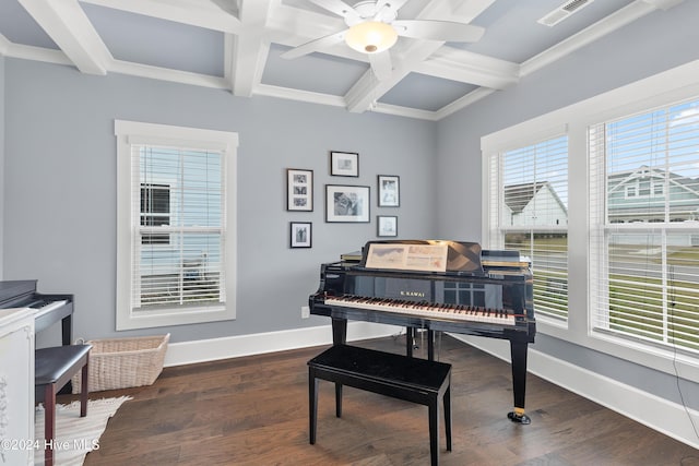 misc room with beam ceiling, ceiling fan, dark hardwood / wood-style flooring, and coffered ceiling