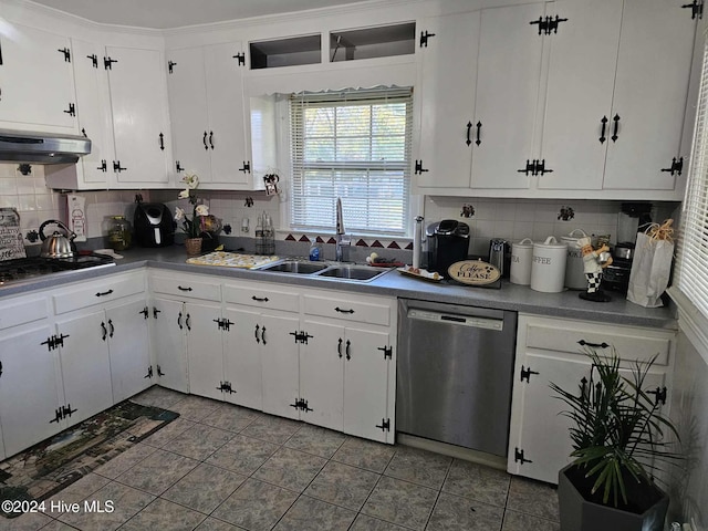 kitchen featuring white cabinetry, extractor fan, gas stovetop, sink, and dishwasher