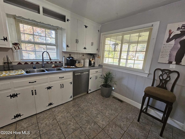 kitchen featuring dishwasher, decorative backsplash, white cabinetry, and sink