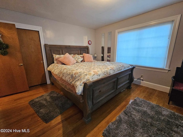 bedroom with dark wood-type flooring and a closet