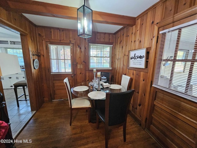 dining space featuring dark hardwood / wood-style flooring, wood walls, and beam ceiling