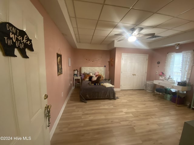 bedroom with a paneled ceiling, a closet, light hardwood / wood-style flooring, and ceiling fan