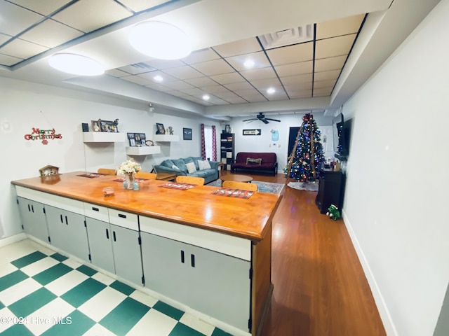 kitchen with a paneled ceiling, ceiling fan, and dark wood-type flooring