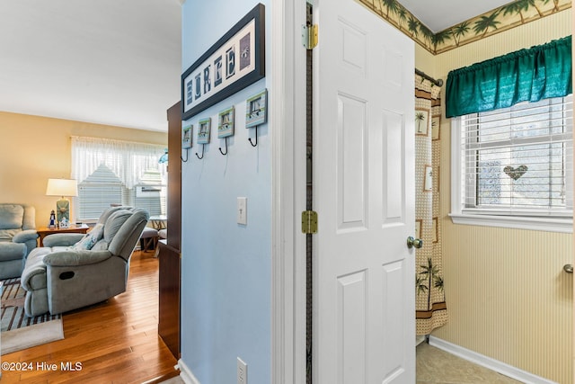 hall with hardwood / wood-style flooring and a healthy amount of sunlight