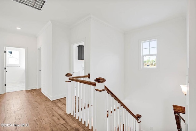 hall featuring light hardwood / wood-style floors, plenty of natural light, and ornamental molding