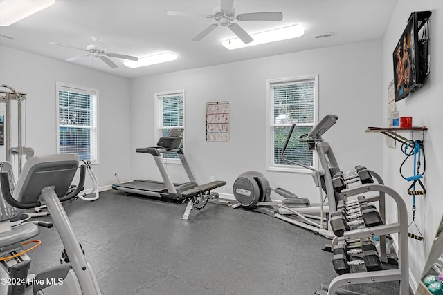 exercise area with ceiling fan