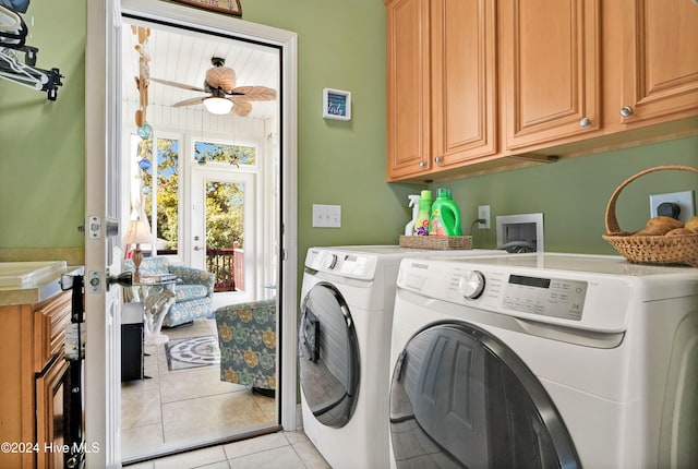 washroom featuring cabinets, french doors, washer and dryer, ceiling fan, and light tile patterned flooring