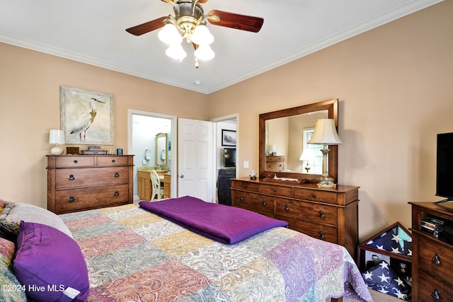 bedroom featuring ceiling fan, crown molding, and connected bathroom