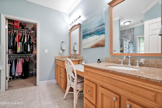 bathroom featuring tile patterned flooring, vanity, curtained shower, and crown molding