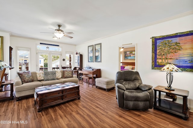 living room with ceiling fan, wood-type flooring, crown molding, and french doors