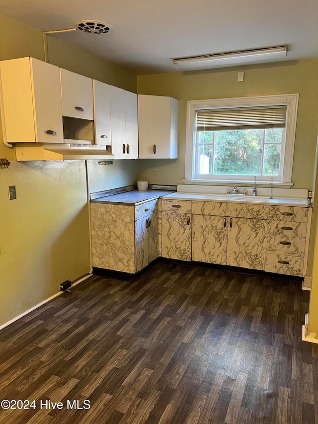 kitchen with white cabinets, dark hardwood / wood-style flooring, and sink