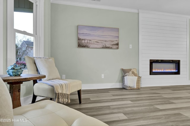 living area with crown molding, a fireplace, and light hardwood / wood-style floors