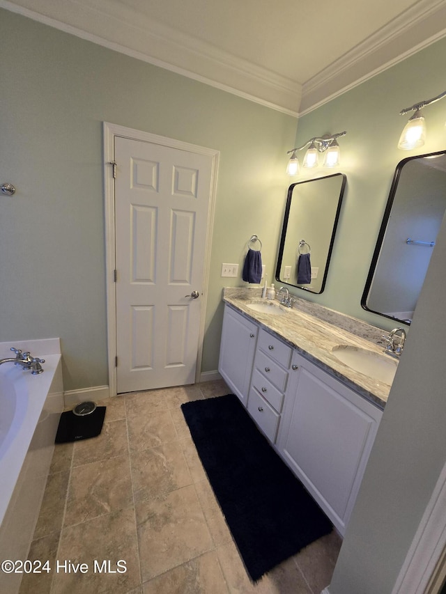 full bathroom featuring a tub to relax in, a sink, crown molding, double vanity, and baseboards