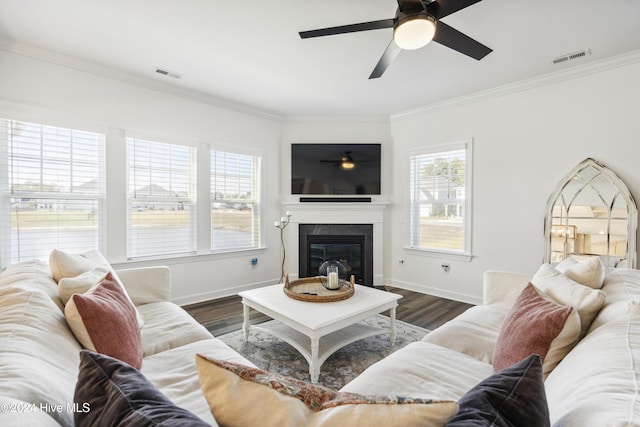 living room featuring ceiling fan, dark wood-type flooring, and ornamental molding