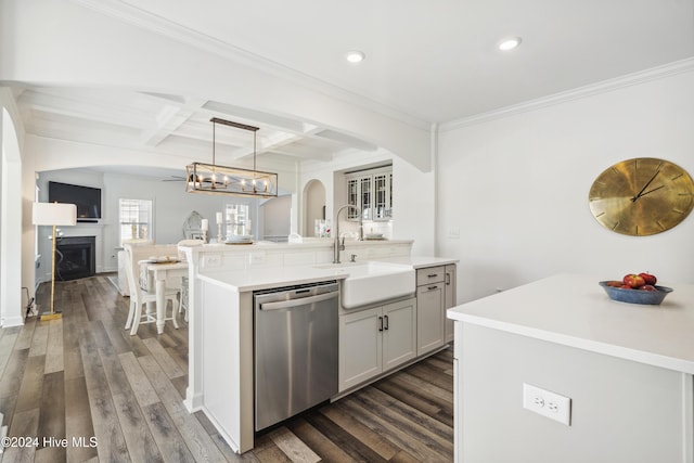 kitchen featuring open floor plan, a fireplace, dark wood-style floors, coffered ceiling, and stainless steel dishwasher